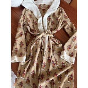 Robe Womens Size M Tan Loungewear Fleece Sock Monkey Print Cozy Warm